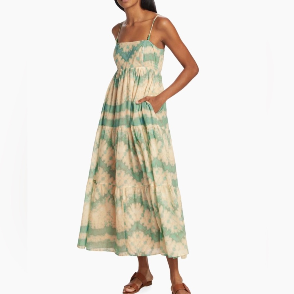 Kivari Mirage Tie-Dye Cotton Voile Maxi Dress Green Blue Teal Cream Beaded 8 med